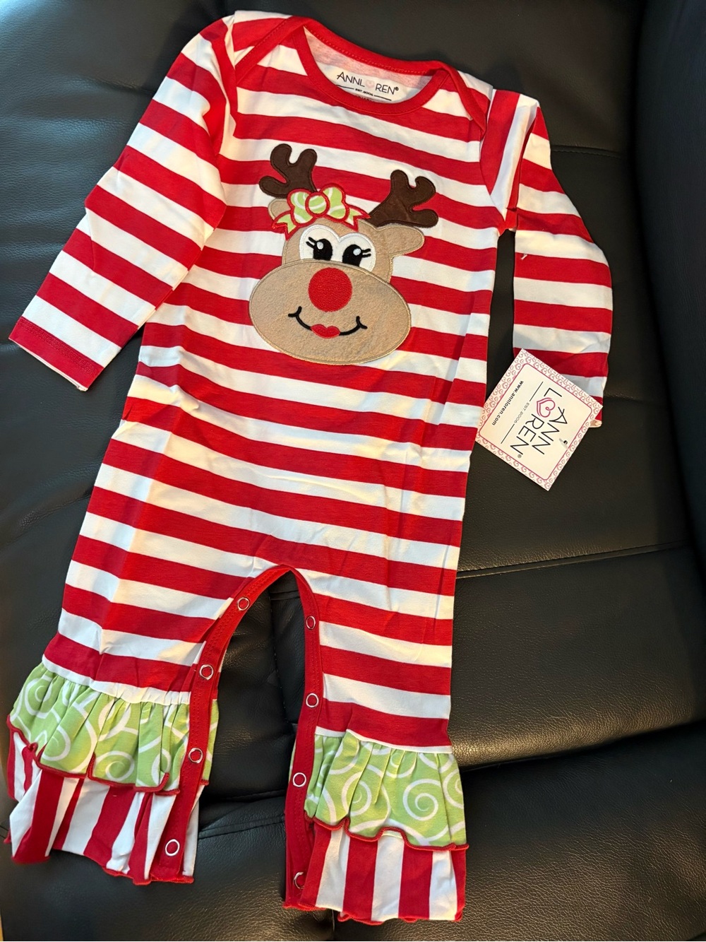 Ann Loren Red & White Striped Reindeer Footie with Green Ruffle Trim